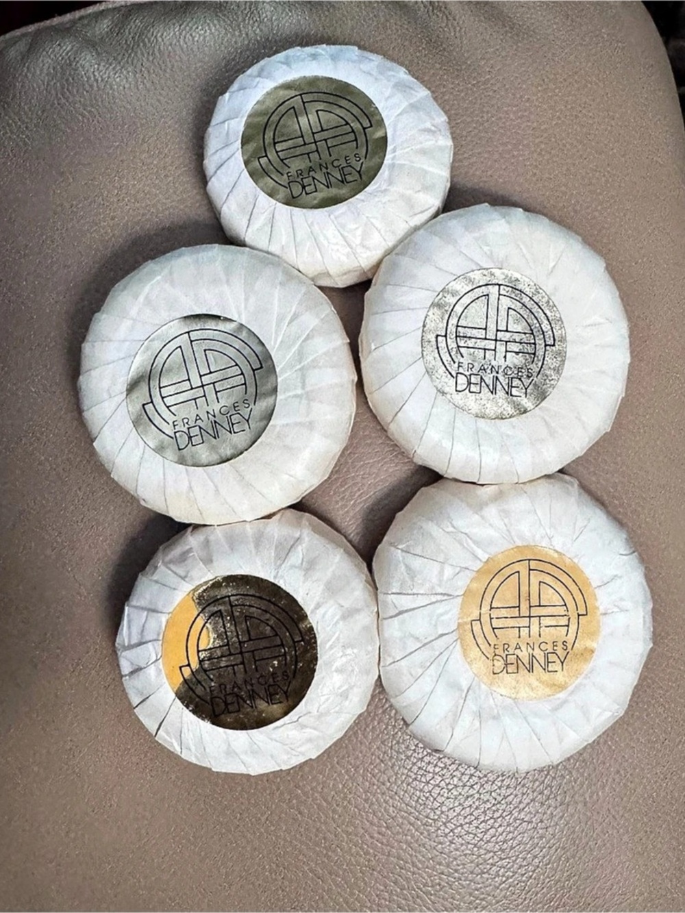 Vtg Frances Denney Pleated Round Guest or Bath Oil Soap Bars Set of 5 White Wrap